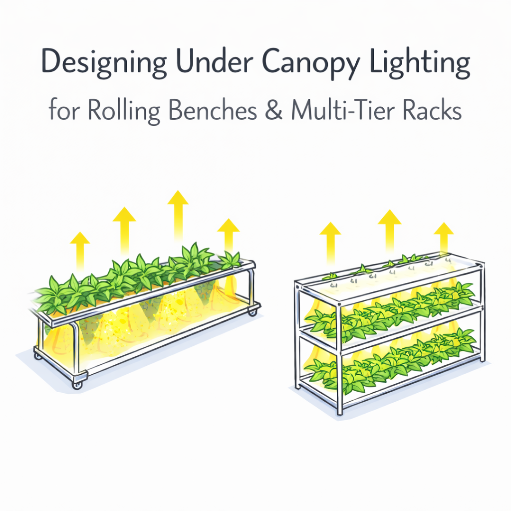 under canopy lighting for rolling benches and multi-tier racks